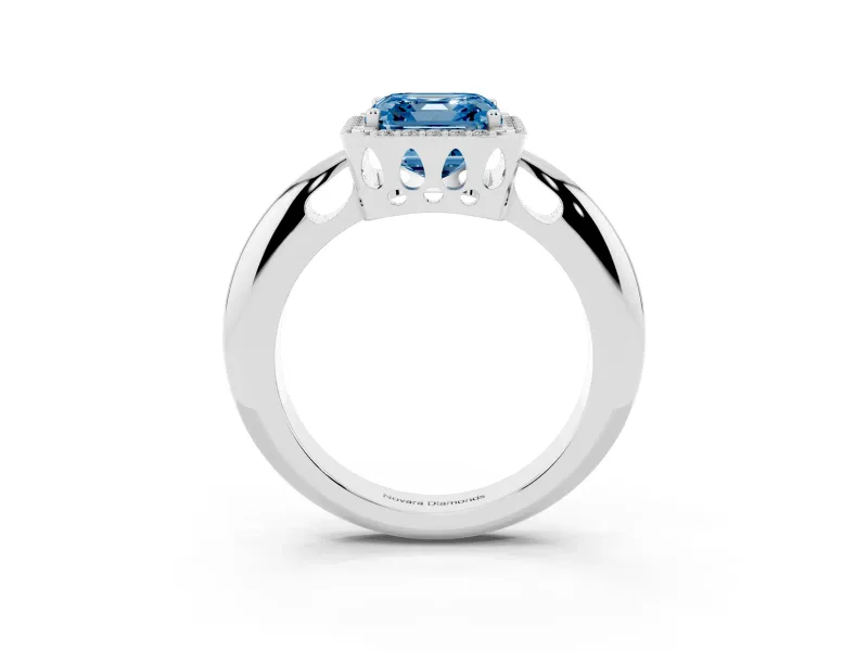 Fancy Blue Asscher Cut Diamond Halo Engagement Ring Set in White gold with Plain Split Shank and Prong Setting