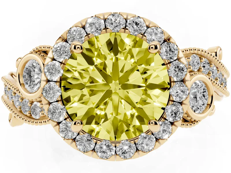Round Vintage Halo Engagement Ring Setting for a Fancy Yellow Lab-Grown Diamond | Bezel Shoulder Accents | Yellow Gold