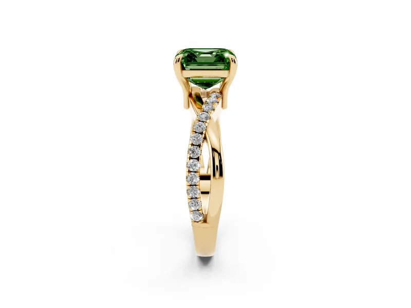 Fancy Green Asscher Cut Diamond Twist Band Solitaire Set in Yellow gold with Pavé Accents and Prong Setting