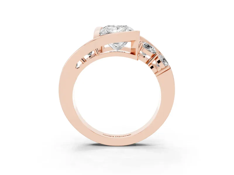 Princess Cut Diamond Bezel Bypass Ring Set in Rose gold with Round Accents
