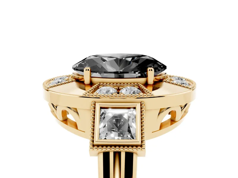 Fancy Black Oval Cut Diamond Milgrain Halo Ring Set in Yellow gold with Split Shank