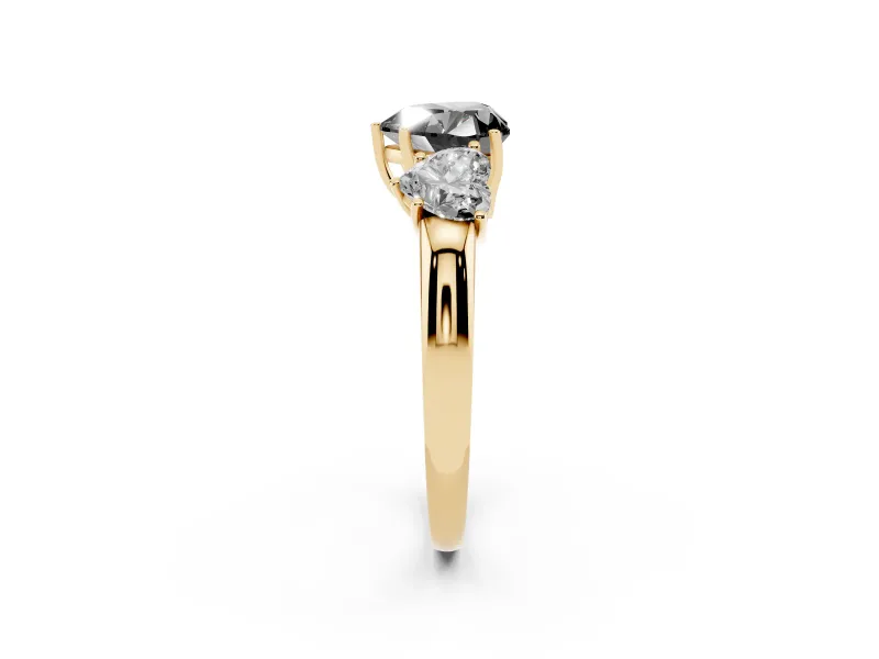 Heart-Shaped Three Stone Engagement Ring Setting for a Black Center | Matching Side Stones | Yellow Gold