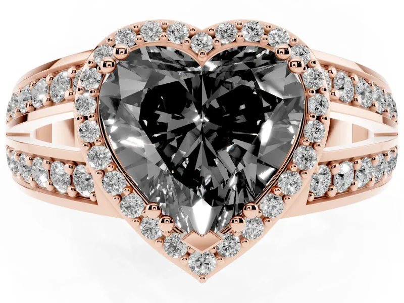 Heart-Shaped Halo Engagement Ring Setting for a Black Center | Two-Row Pavé Split Shank | Rose Gold