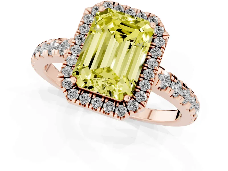 Emerald Cut Halo Engagement Ring Setting for a Fancy Yellow Lab-Grown Diamond | Graduated Pavé Band | Rose Gold