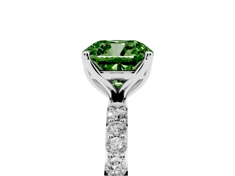 Fancy Green Cushion Cut Diamond Solitaire Engagement Ring Set in Platinum with Round Pavé Band and Prong Setting