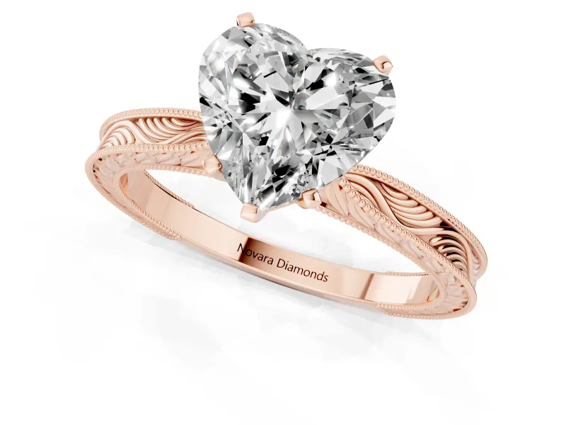 Heart Cut Diamond Solitaire Milgrain Engraved Band Set in Rose gold with Prong Setting