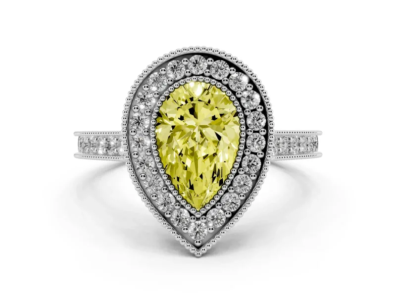 Fancy Yellow Pear Cut Diamond Halo Milgrain Pavé Band Ring Set in Platinum with Prong Setting