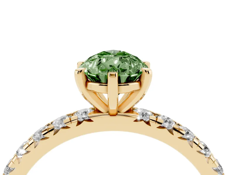 Fancy Green Pear Cut Diamond Pavé Solitaire Ring Set in Yellow gold with Round Band and Prong Setting