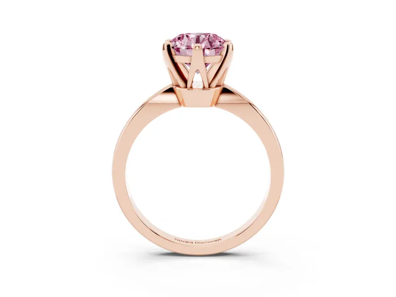 Fancy Pink Round Cut Diamond Solitaire Engagement Ring Set in Rose gold with Slim Tapered Solitaire Band