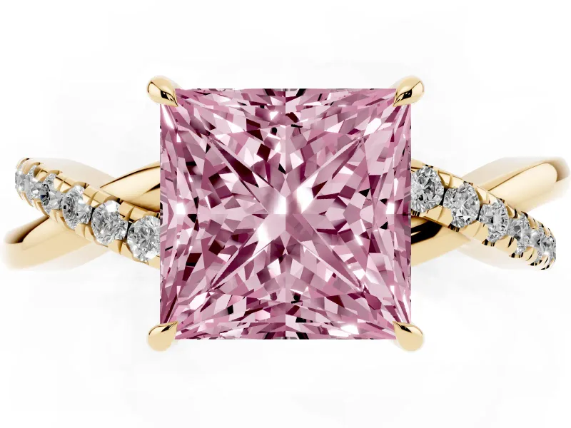 Princess Cut Crossover Engagement Ring Setting for a Fancy Pink Lab-Grown Diamond | Yellow Gold