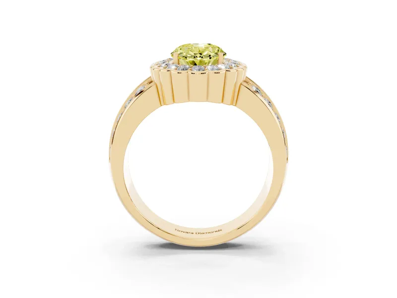 Fancy Yellow Oval Cut Diamond Scalloped Halo Ring Set in Yellow gold with Pavé Split Shank