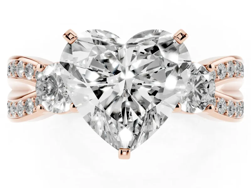 Three-Stone Heart Cut Diamond Twist Band Ring Set in Rose gold with Pavé Accents and Prong Setting