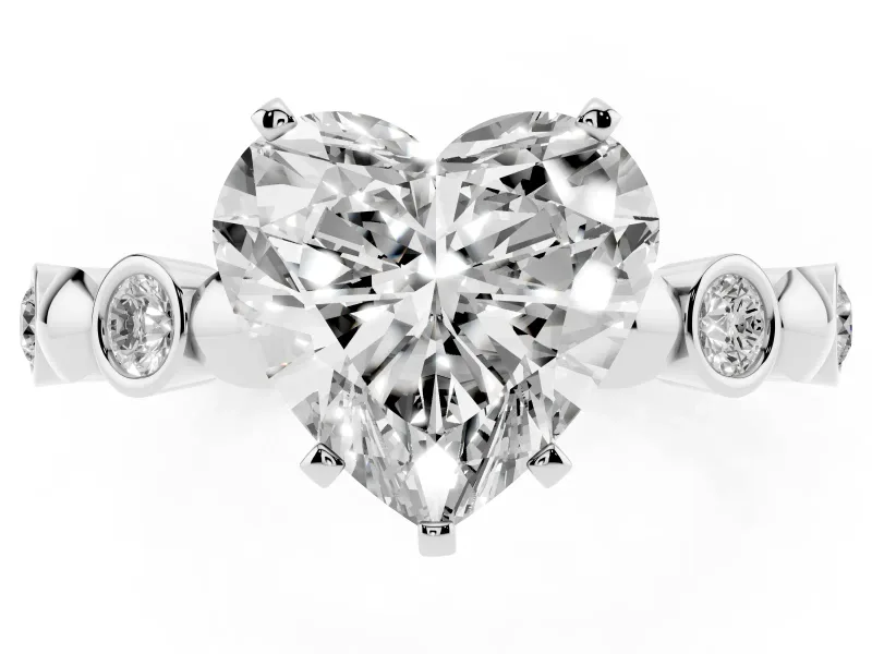 Heart Cut Diamond Solitaire Ring Set in White gold with Bezel-Set Accents on Beaded Band and Prong Setting