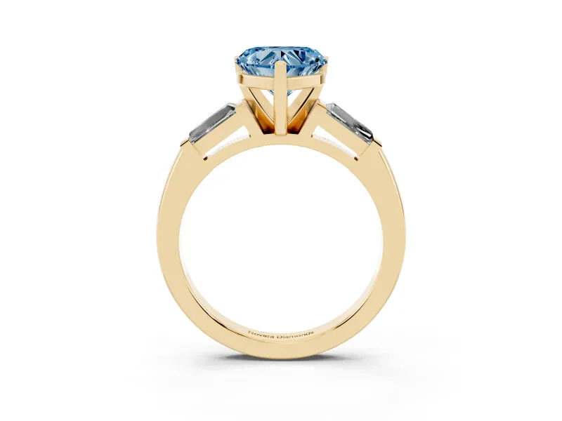 Heart-Shaped Three Stone Engagement Ring Setting for a Fancy Blue Lab-Grown Diamond | Tapered Baguettes | Yellow Gold