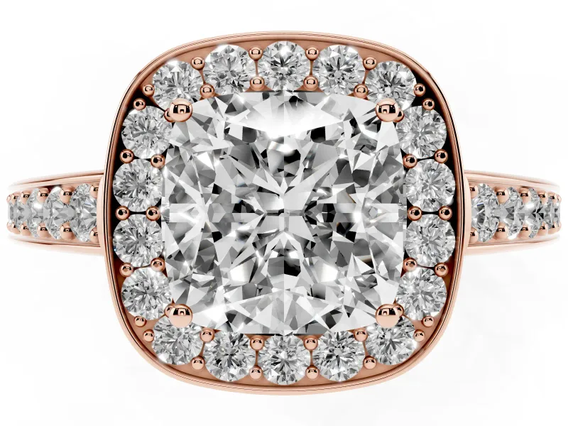Cushion Cut Diamond Halo Pavé Engagement Ring Set in Rose gold with Bezel Setting