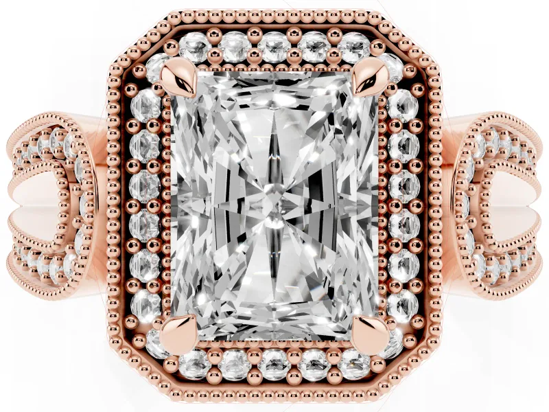 Radiant Cut Vintage Milgrain Halo Engagement Ring Setting | Open Loop Pave Shoulders | Rose Gold