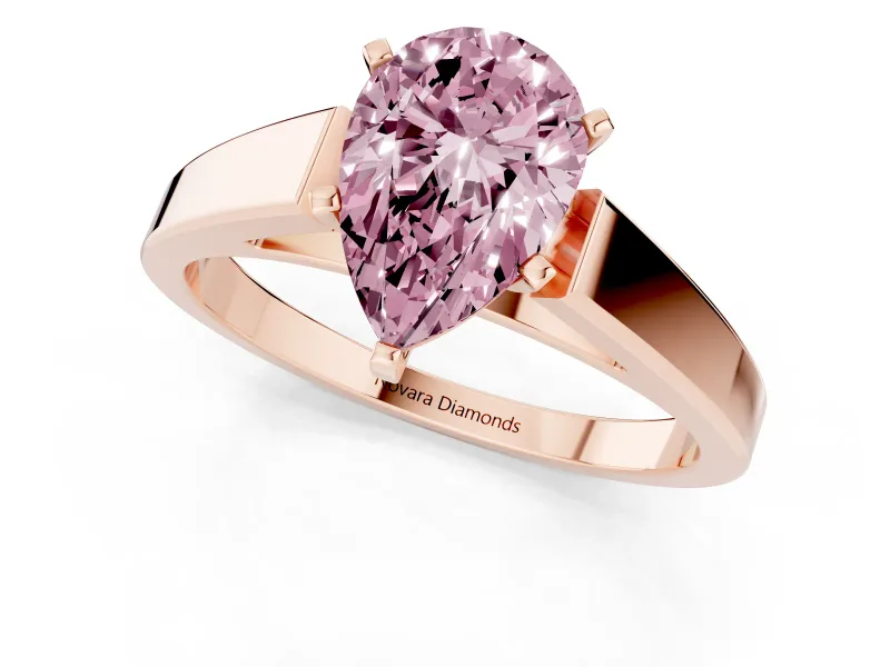 Fancy Pink Pear Cut Diamond Solitaire Engagement Ring Set in Rose gold with Prong Setting and Tapered Band