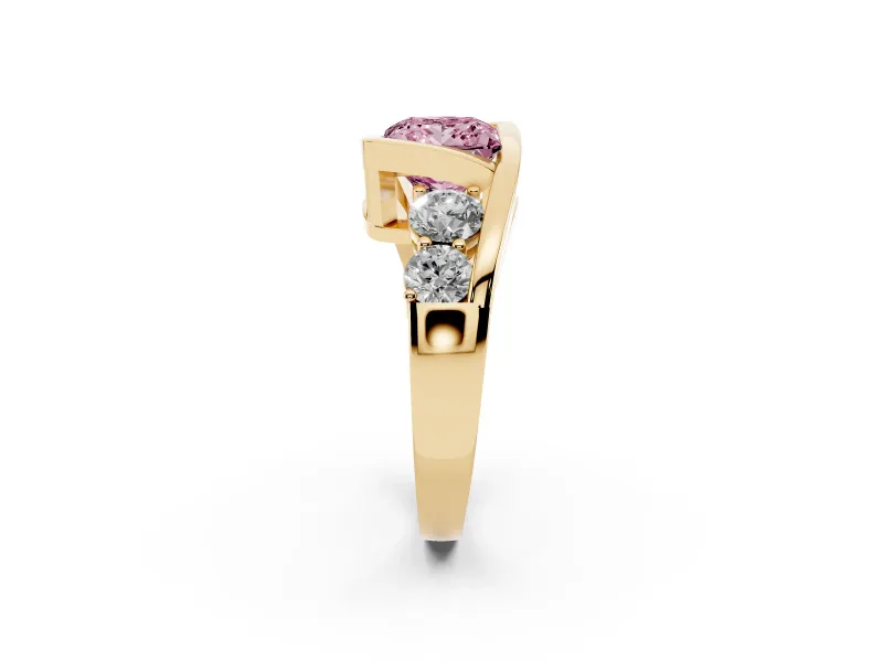 Fancy Pink Princess Cut Diamond Bezel Bypass Ring Set in Yellow gold with Round Accents