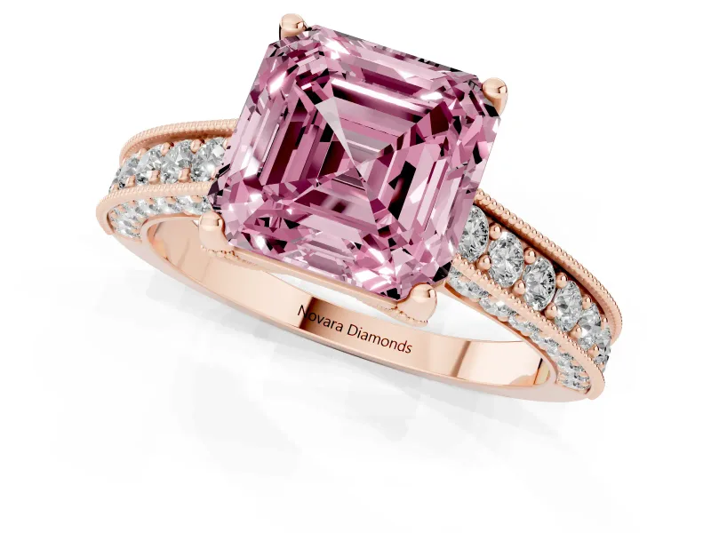 Asscher Cut Hidden Halo Engagement Ring Setting for a Fancy Pink Lab-Grown Diamond | Milgrain Pave | Rose Gold