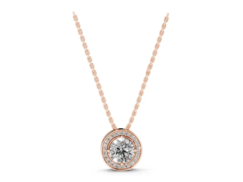 Round Lab-Grown Diamond Halo Pendant Necklace | Hidden Bail | Rose Gold