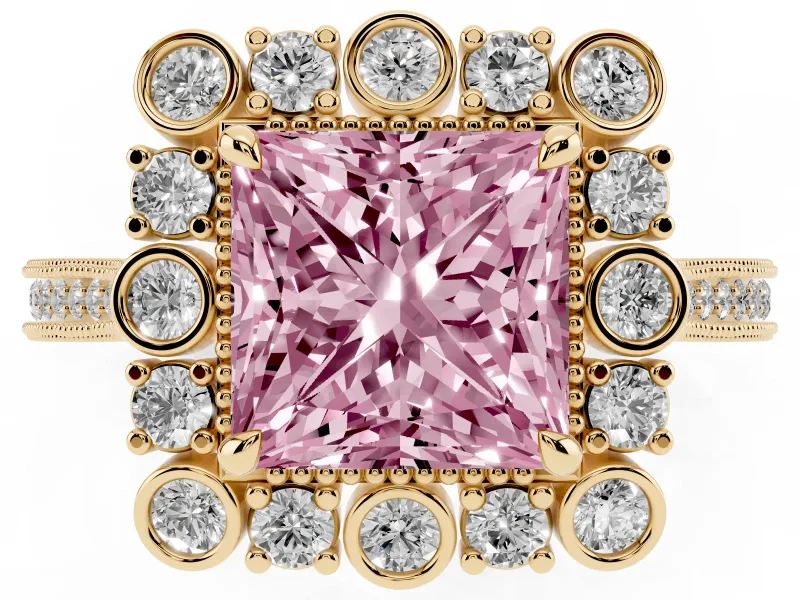 Fancy Pink Princess Cut Diamond Halo Milgrain Pavé Ring Set in Yellow gold with Prong Setting