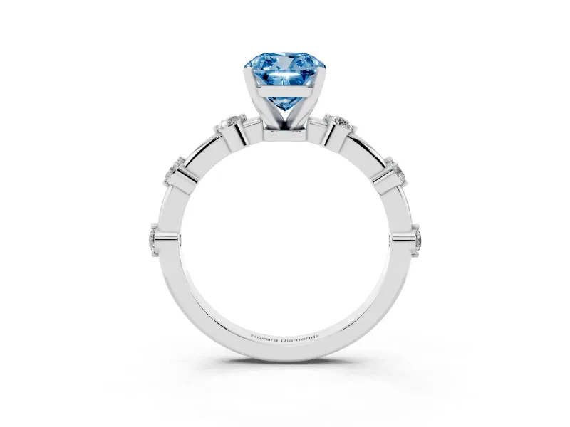 Fancy Blue Cushion Cut Diamond Solitaire Ring Set in Silver with Bezel Set Side Stones and Prong Setting