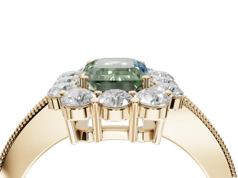 Emerald Cut Vintage Halo Engagement Ring Setting for a Fancy Green Lab-Grown Diamond | Yellow Gold