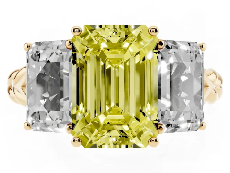 Emerald Cut Three Stone Engagement Ring Setting for a Fancy Yellow Lab-Grown Diamond | Braided Band | Yellow Gold