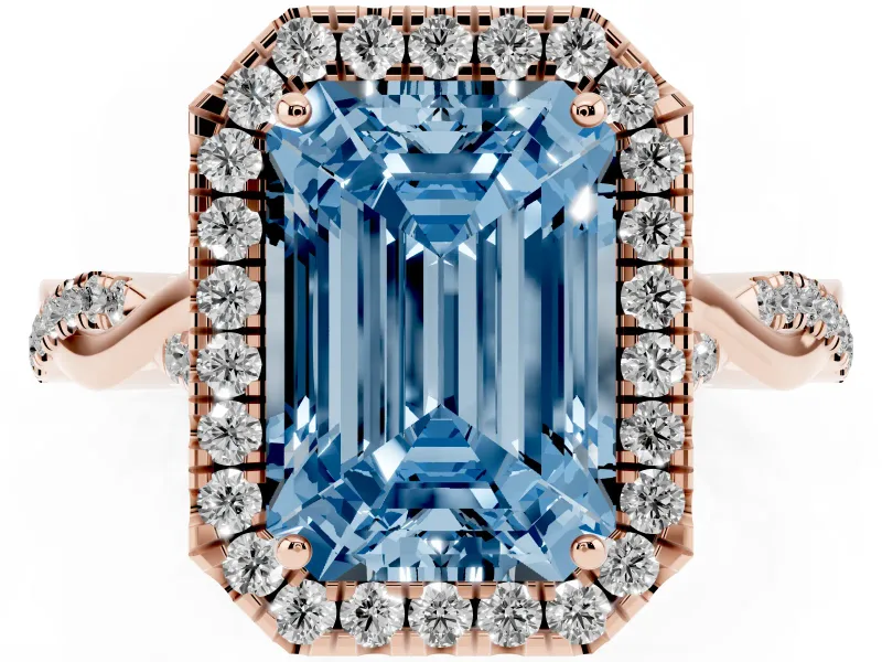 Emerald Cut Twist Halo Engagement Ring Setting for a Fancy Blue Lab-Grown Diamond | Rose Gold