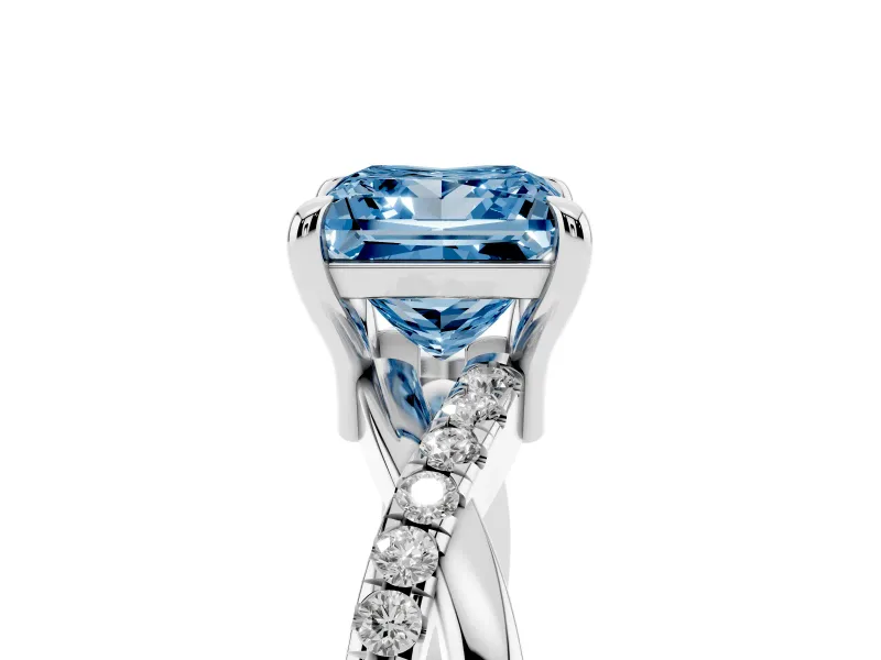 Fancy Blue Princess Cut Diamond Twist Band Solitaire Set in Platinum with Pavé Accents and Prong Setting