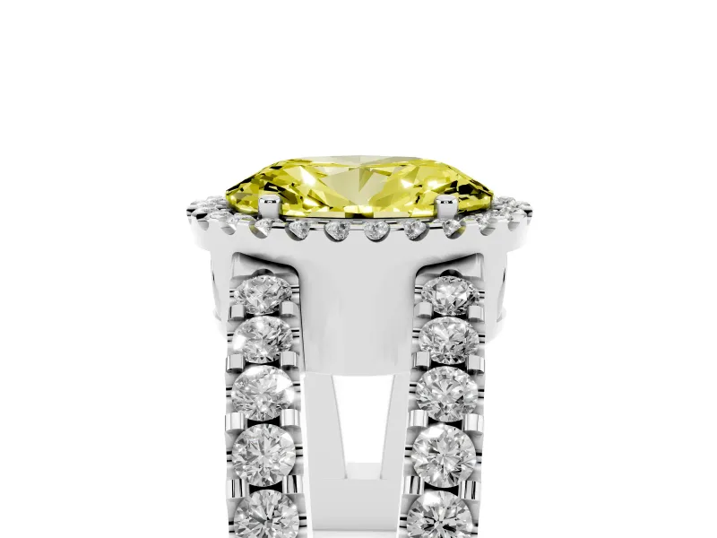 Fancy Yellow Oval Cut Diamond Halo Ring Set in White gold with Pavé Split Shank and Prong Setting