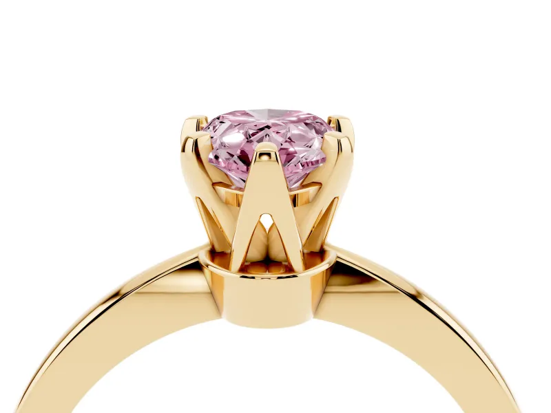 Fancy Pink Pear Cut Diamond Solitaire Engagement Ring Set in Yellow gold with Slim Tapered Solitaire Band