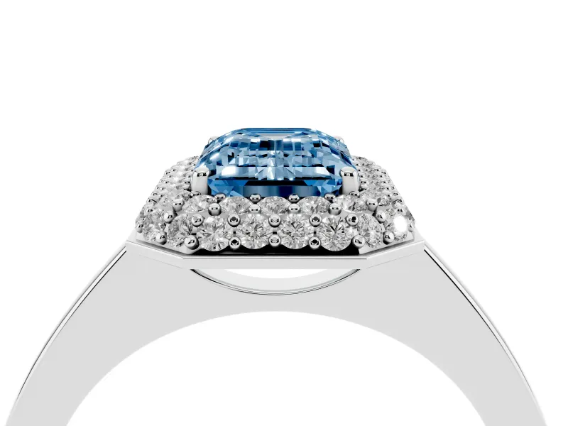 Fancy Blue Emerald Cut Diamond Halo Engagement Ring Set in Platinum with Solitaire Band and Prong Setting