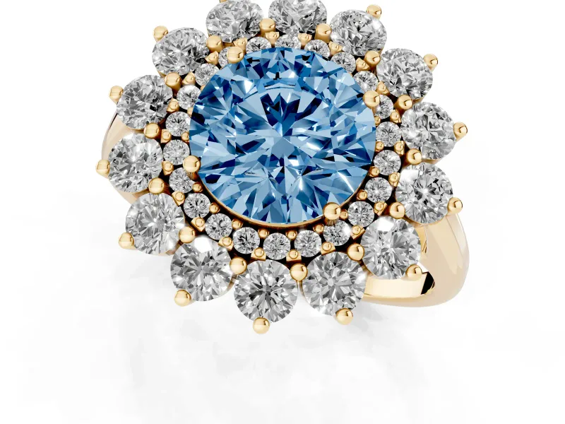 Round Floral Double Halo Engagement Ring Setting for a Fancy Blue Lab-Grown Diamond | Plain Band | Yellow Gold