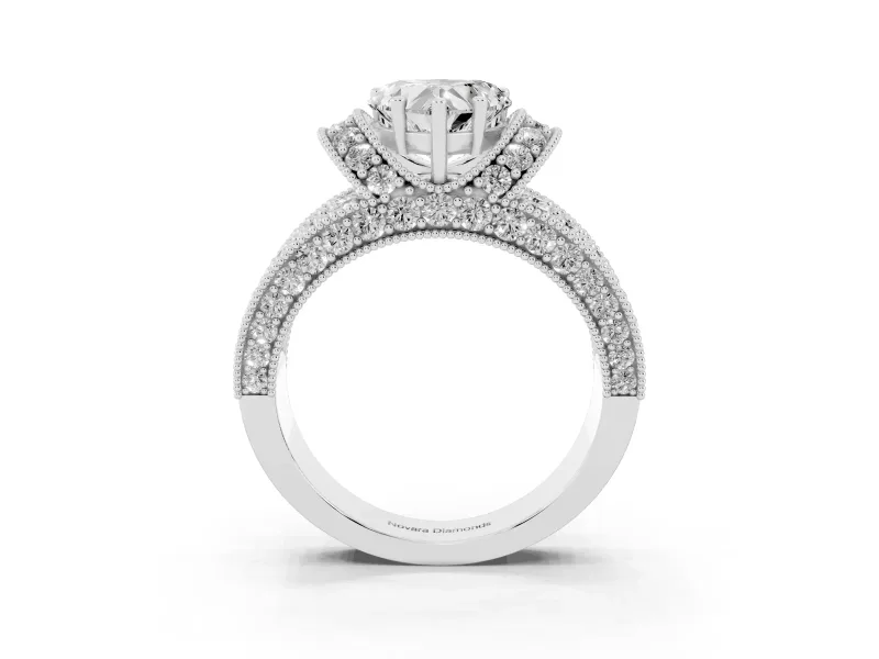 Heart-Shaped Vintage Milgrain Pave Engagement Ring Setting | Crescent Side Rows | White Gold