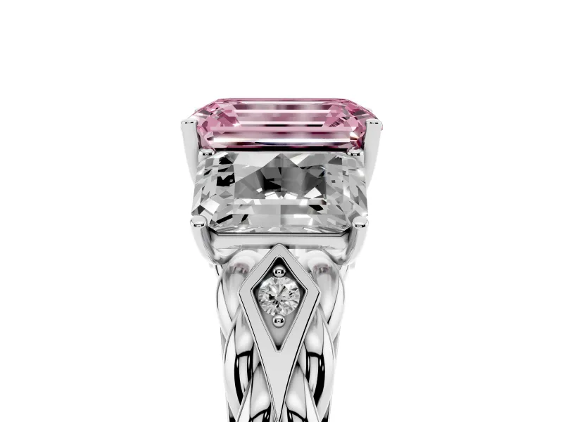 Fancy Pink Emerald Cut Diamond Three-Stone Ring Set in White gold with Braided Band