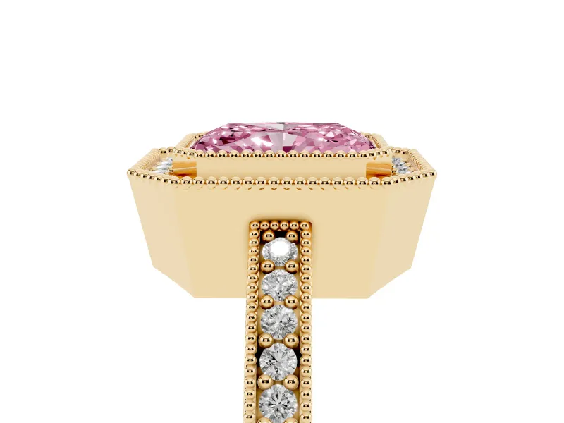Radiant Cut Milgrain Halo Engagement Ring Setting for a Fancy Pink Lab-Grown Diamond | Pave Band | Yellow Gold
