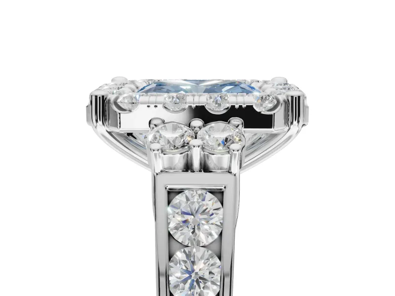 Radiant Cut Halo Engagement Ring Setting for a Fancy Blue Lab-Grown Diamond | Graduated Channel Band | Platinum
