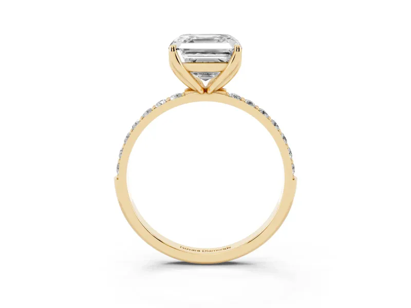 Asscher Cut Pave Solitaire Engagement Ring Setting | Fine Line Pave Band | Yellow Gold