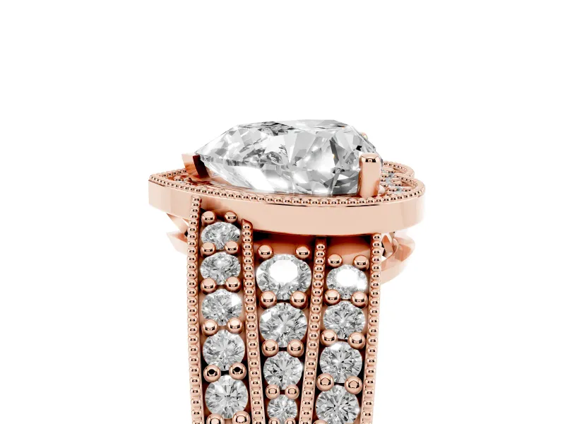 Heart Cut Diamond Halo Ring Set in Rose gold with Accent Split Shank and Prong Setting