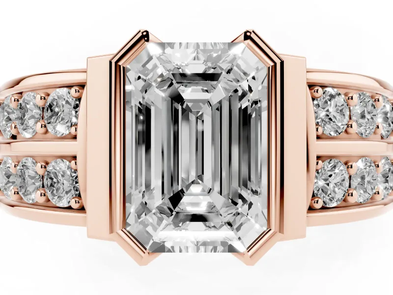 Emerald Cut Half Bezel Engagement Ring Setting | Double Row Channel Band | Rose Gold