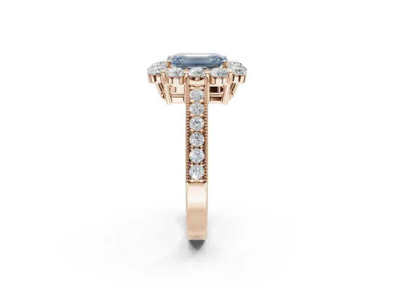 Emerald Cut Vintage Halo Engagement Ring Setting for a Fancy Blue Lab-Grown Diamond | Rose Gold