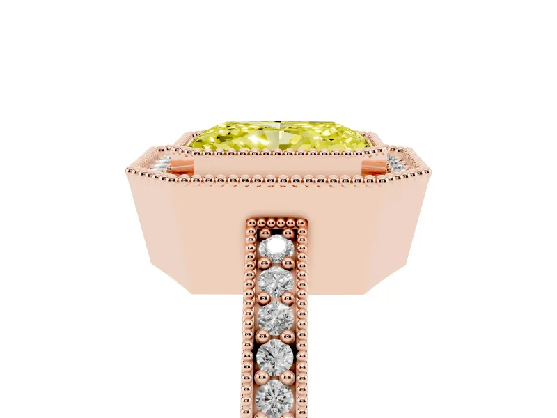 Fancy Yellow Radiant Cut Diamond Halo Engagement Ring Set in Rose gold with Pavé Band and Round Halo Stones