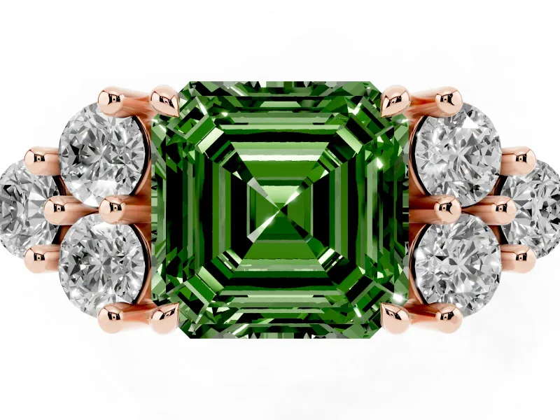Fancy Green Asscher Cut Diamond Solitaire Ring Set in Rose gold with Cluster Accents on Each Side