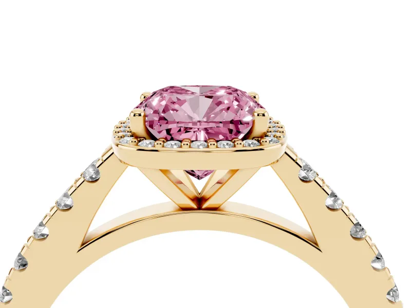 Cushion Cut Halo Pavé Engagement Ring Setting for a Fancy Pink Lab-Grown Diamond | Yellow Gold