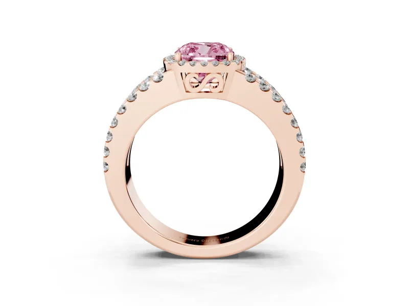 Fancy Pink Cushion Cut Diamond Halo Ring Set in Rose gold with Pavé Split Shank and Prong Setting
