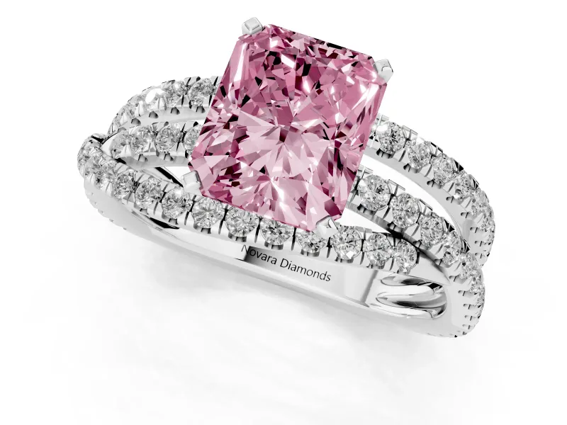 Fancy Pink Radiant Cut Diamond Solitaire Twist Band Ring Set in Silver with Pavé Setting and Prong Head