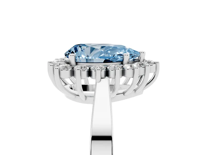 Fancy Blue Pear Cut Diamond Halo Ring Set in White gold with Round Halo and Smooth Solitaire Band