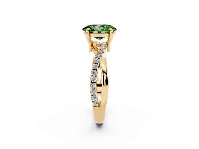 Fancy Green Oval Cut Diamond Twist Band Solitaire Set in Yellow gold with Pavé Accents and Prong Setting