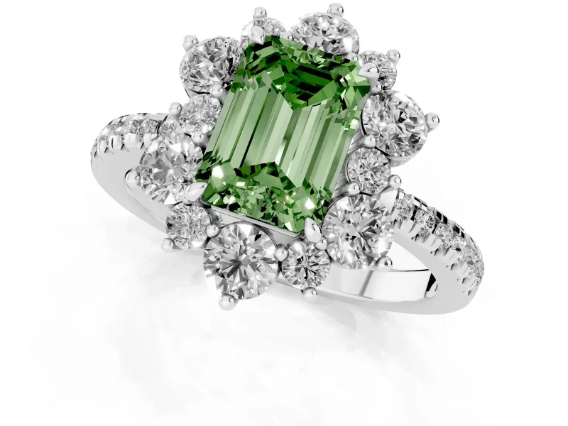 Fancy Green Emerald Cut Diamond Floral Halo Ring Set in Platinum with Round Pavé Band and Prong Setting